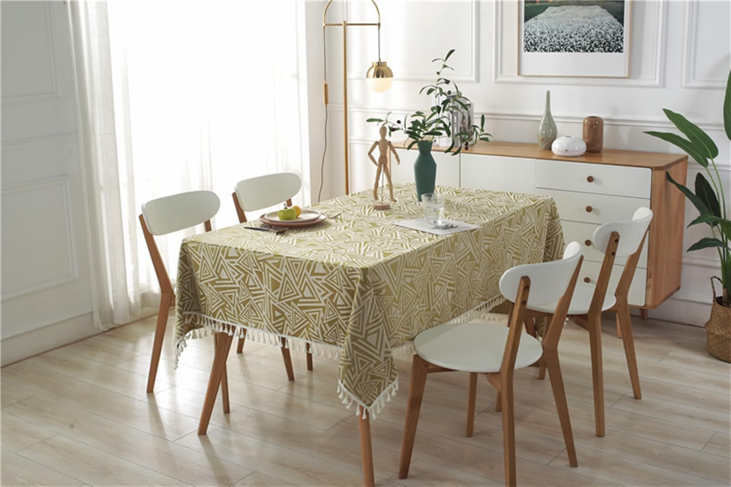 Funda de mesa de cocina elegante, mantel rectangular elegante amarillo verde poliéster jacquard con triángulo decorativo 140 x 200 cm para fiesta