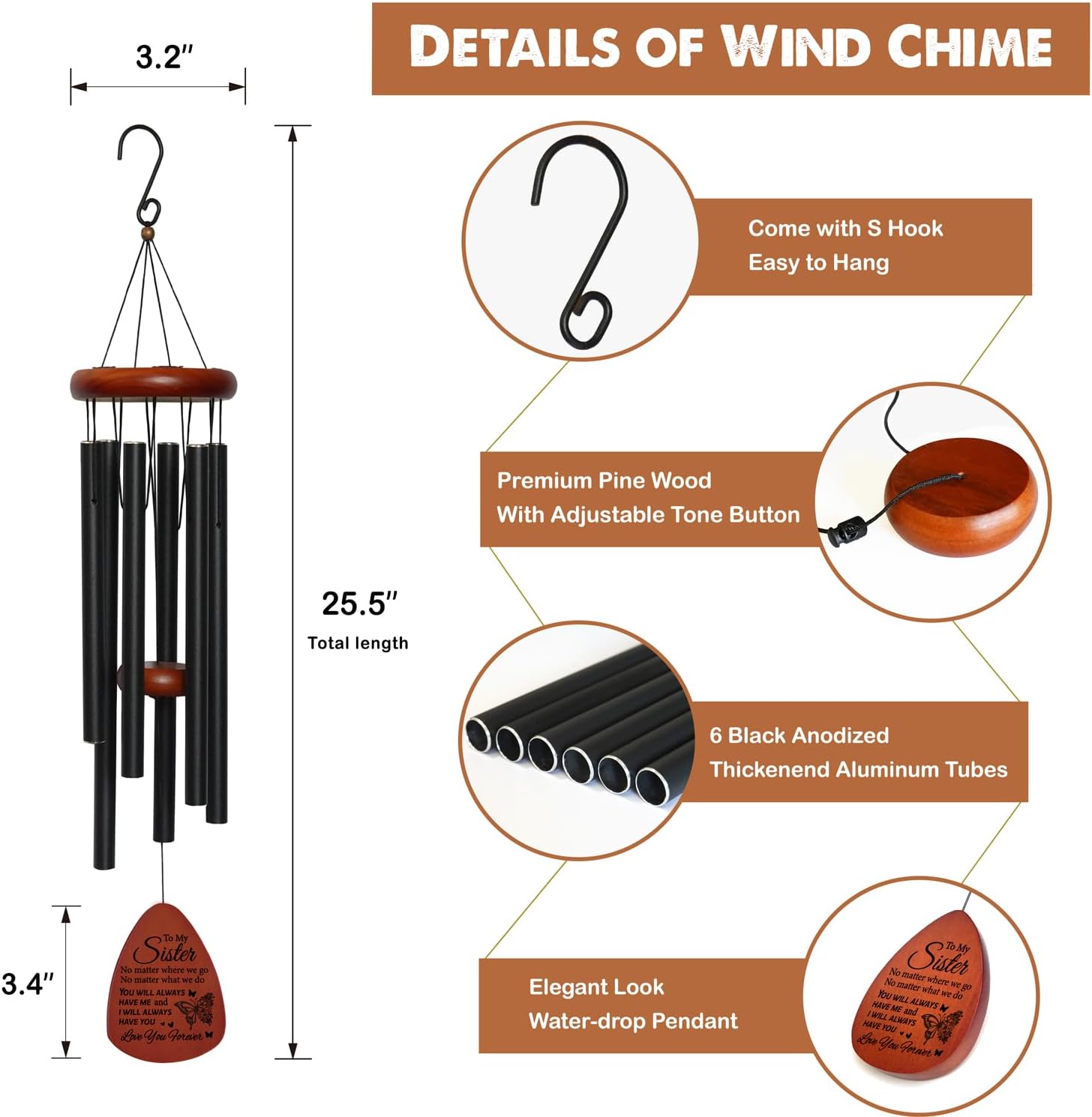 Fall Sister Birthday Wind Chimes Gifts for Sister, Thank You Gifts for Women Friends, Garden Decoration for Outside Patio Home or Garden Decor, Unique Christmas Valentine's Day Wind Chimes - Image 4