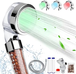 zelaby Led Shower Head with Hose, Handheld High Pressure Shower Head, 3 Colors Changing 2 Filter Modes Ionic Shower Head Filter RV Shower Head, Temperature Controlled Shower with 59" Hose and Stand
