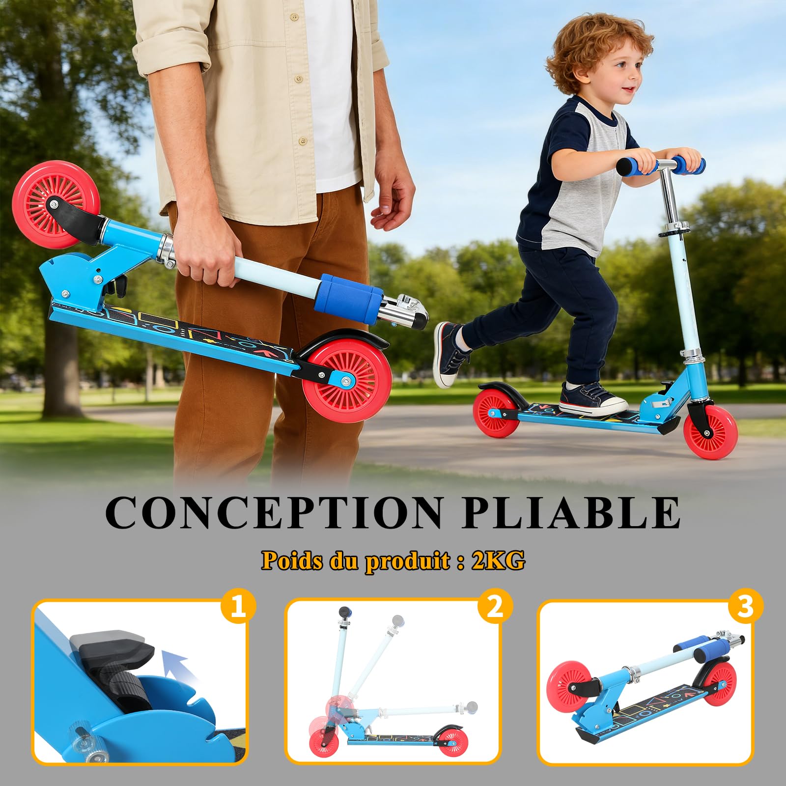 Trottinette Enfant 4-6 Ans Pliable, Trottinette Adolescent avec Guidon Réglable en Hauteur 3 Niveaux, Trotinettes Grande Roues et Poignée Antidérapant, Trotinette Ado/Enfant 95-130CM, 50KG