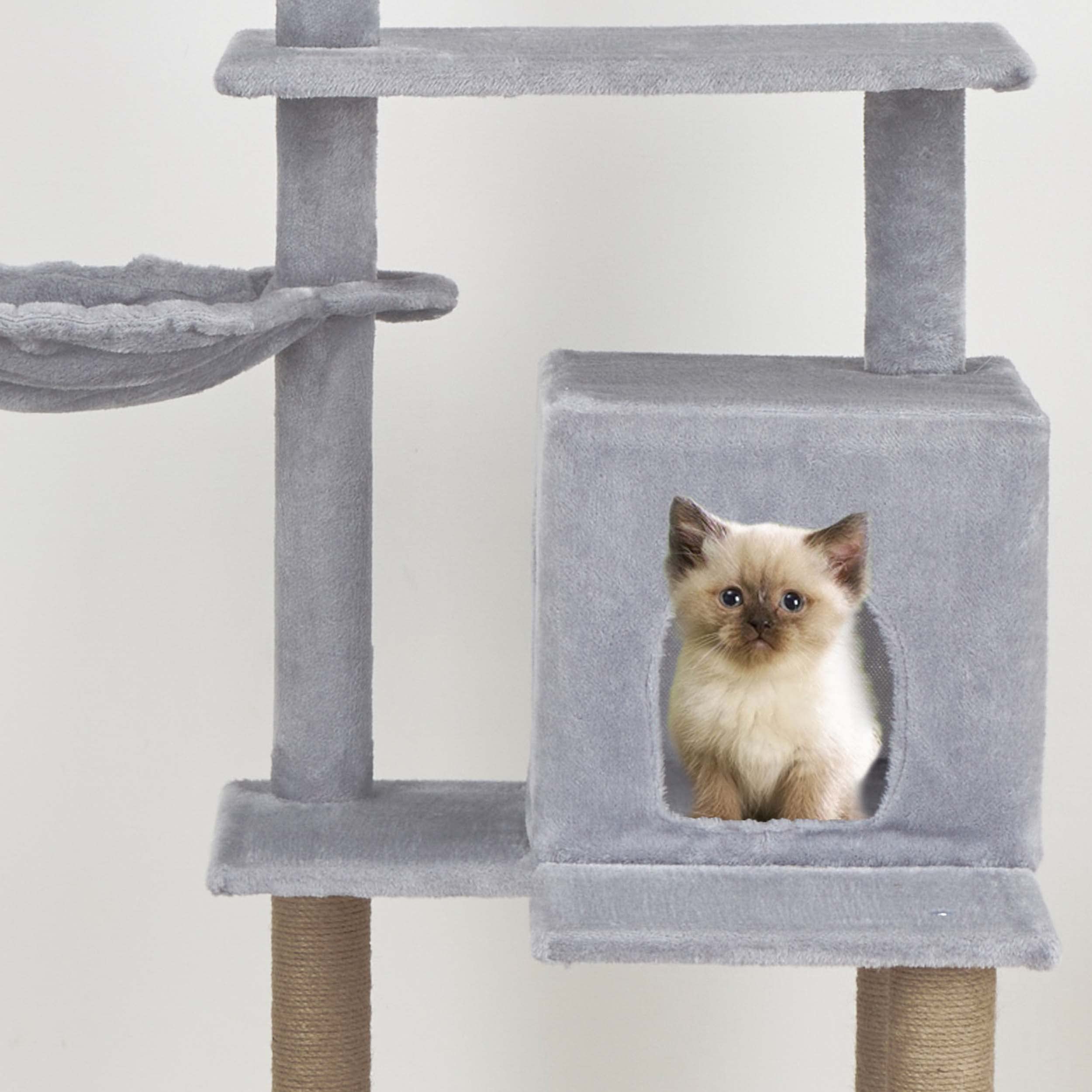 Baroni Home Tiragraffi ad Albero per Gatti, Tiragraffi per Gatti e Gattini, 4 Piani con Palla, Amaca e Cuccia Rettangolare, 45x45x122 cm, Grigio