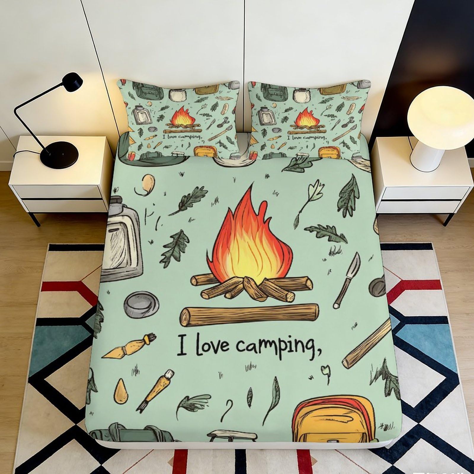 3D Printed Campfire Forest Fitted Sheet Microfiber Soft Camping Gear Bed Cover Bedroom Dorm Decor 90x200x25cm