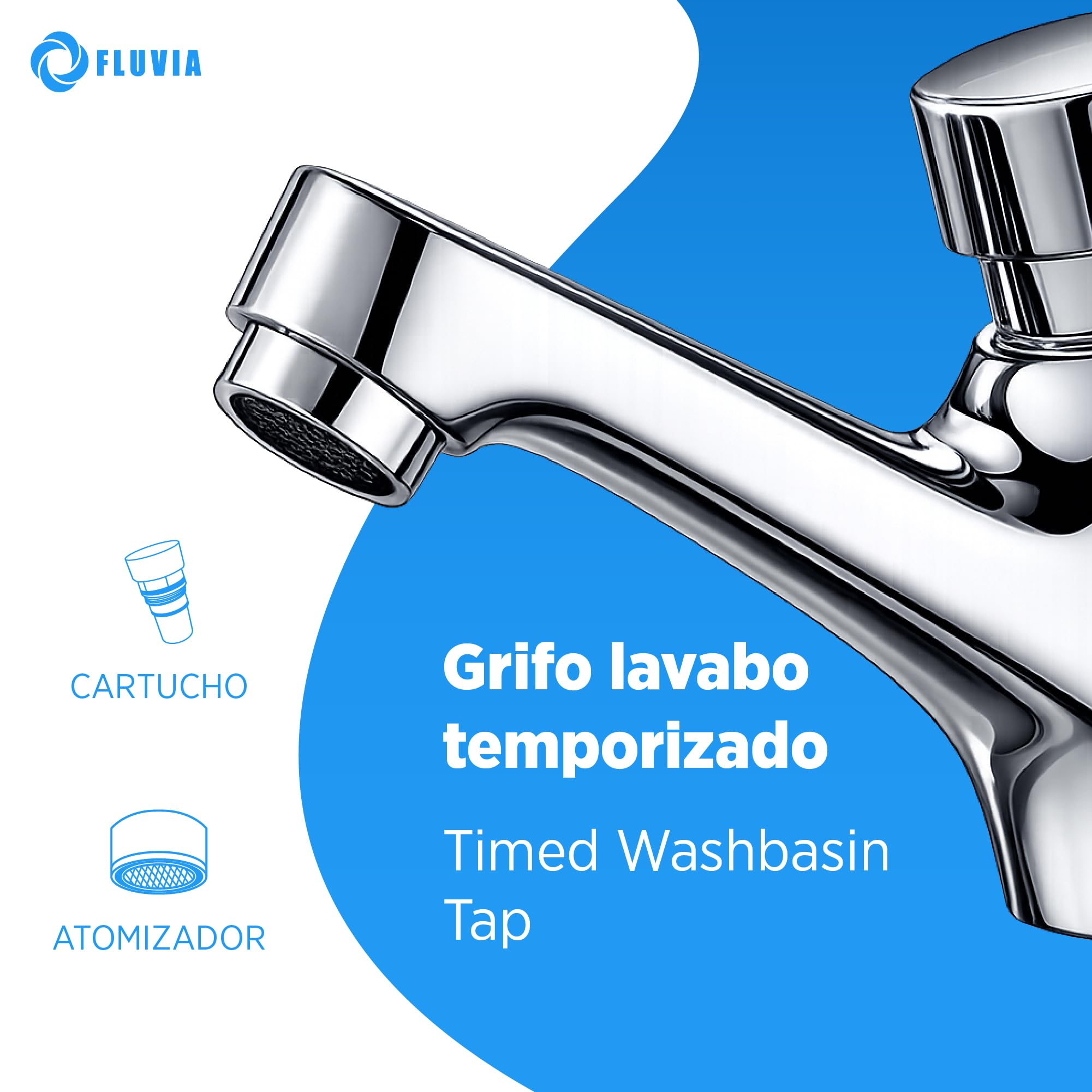 Rubinetto temporizzato per lavabo con pulsante cromato con chiusura automatica e cartuccia in ottone, nebulizzatore anti-spruzzo, filtro impurità, risparmio idrico, per bagno pubblico FLUVIA