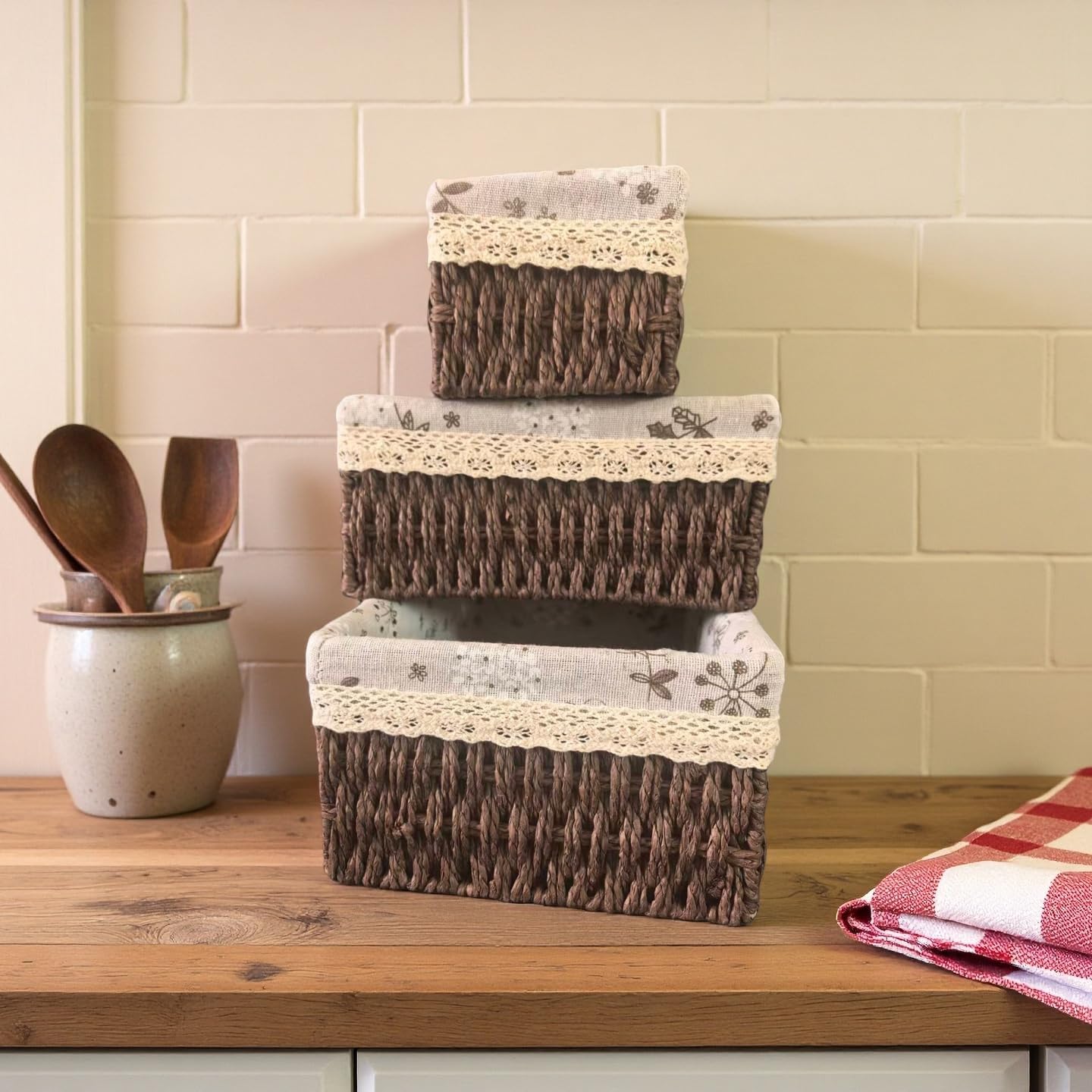 Wicker Woven Baskets With Liner, 3Packs Small Square Decorative Shelf Basket For Home Storage And Organizing (coffee)