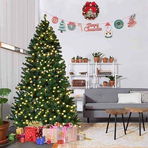 Miniatura 4 de HAPPYGRILL Árbol de Navidad preiluminado de 7 pies con 500 luces LED, árbol de Navidad artificial con 1233 puntas de ramas de PVC, 35 piñas de pino,