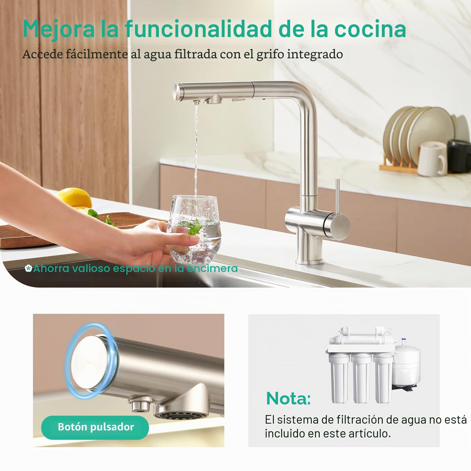 Faustina Grifo de cocina de 3 vías con ducha extraíble, grifo monomando, grifo de fregadero, grifo de agua potable para cocina para ósmosis inversa y filtro de agua de acero inoxidable cepillado