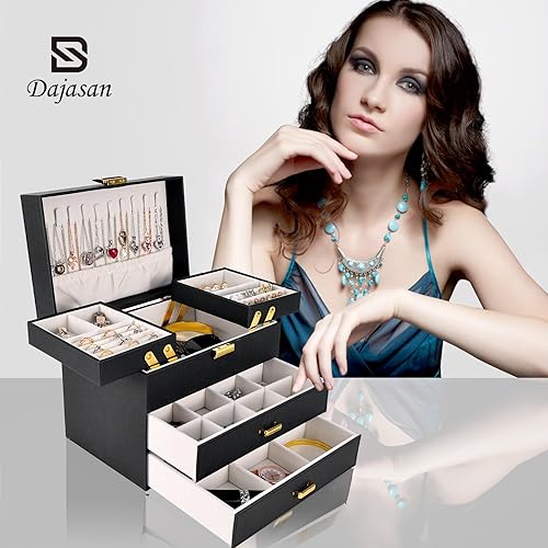 Miniatura 7 de Dajasan Cajas de joyería para mujeres y niñas, caja organizadora de joyas, 4 capas grandes de almacenamiento de joyas para aretes, anillos,