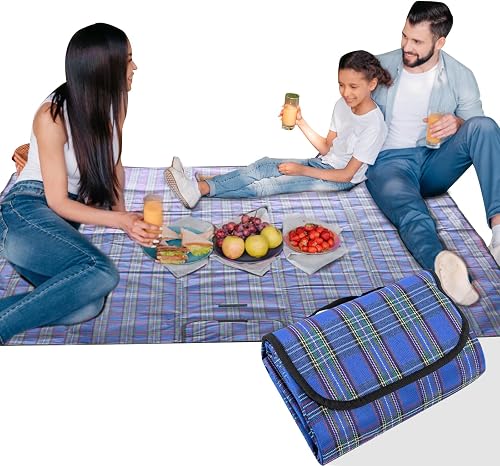 Picnic Blanket Waterproof, Tartan Picnic Blanket, Picnic Blankets with Carrying Handle, Washable 150 x 200cm large picnic blanket for Hiking Travelling Outdoor Camping,Parks (Blue)