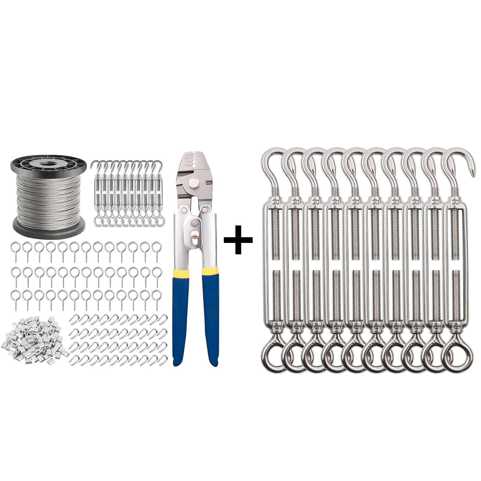 Tensores para Cables de Acero Inoxidable, 328 pies, 1/16" con Herramienta para engarzar Cables de Acero, Tensor de Gancho y Ojo de Alta Resistencia, 10 tensores de Acero Inoxidable M5