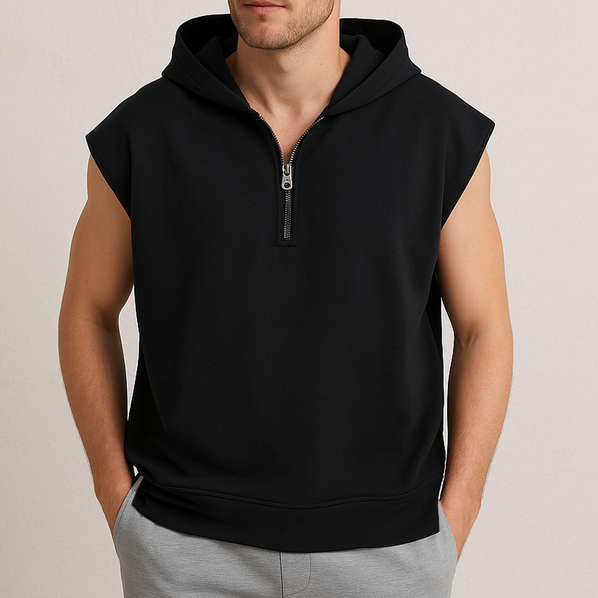 Herren-Tanktop mit 1/4-Reißverschluss und Kapuze, einfache, lockere, klassische Weste für Herren, mit Reißverschluss und Kapuze, ärmelloses Oberteil