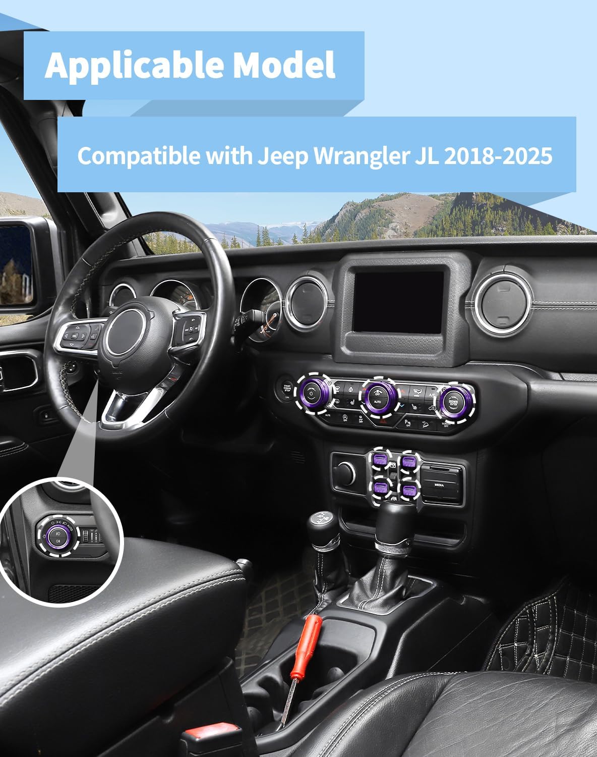 Voodonala JL 8PCS Metal Window Switch Knob Cover, Air Conditioner Headlight Volume Radio Switch Button Trim Compatible with Jeep Wrangler JL JLU & Gladiator JT 2018-2025, Purple