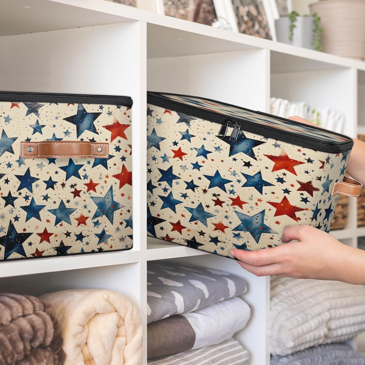 Storage Bin Set of 2 Retro Star Storage Basket with Zipper Lid & Handle Foldable Closet Shelf 2 Pack Cloth Organizer Basket Cube Bins Clothes Organizer for Bedroom, Nursery