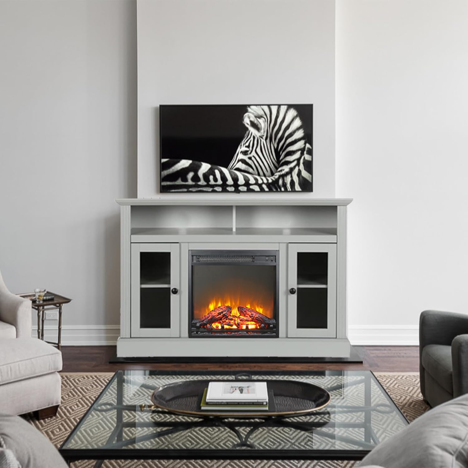 Innoflame 18-inch Electric Fireplace Insert recessed into a TV stand in a living room setting.