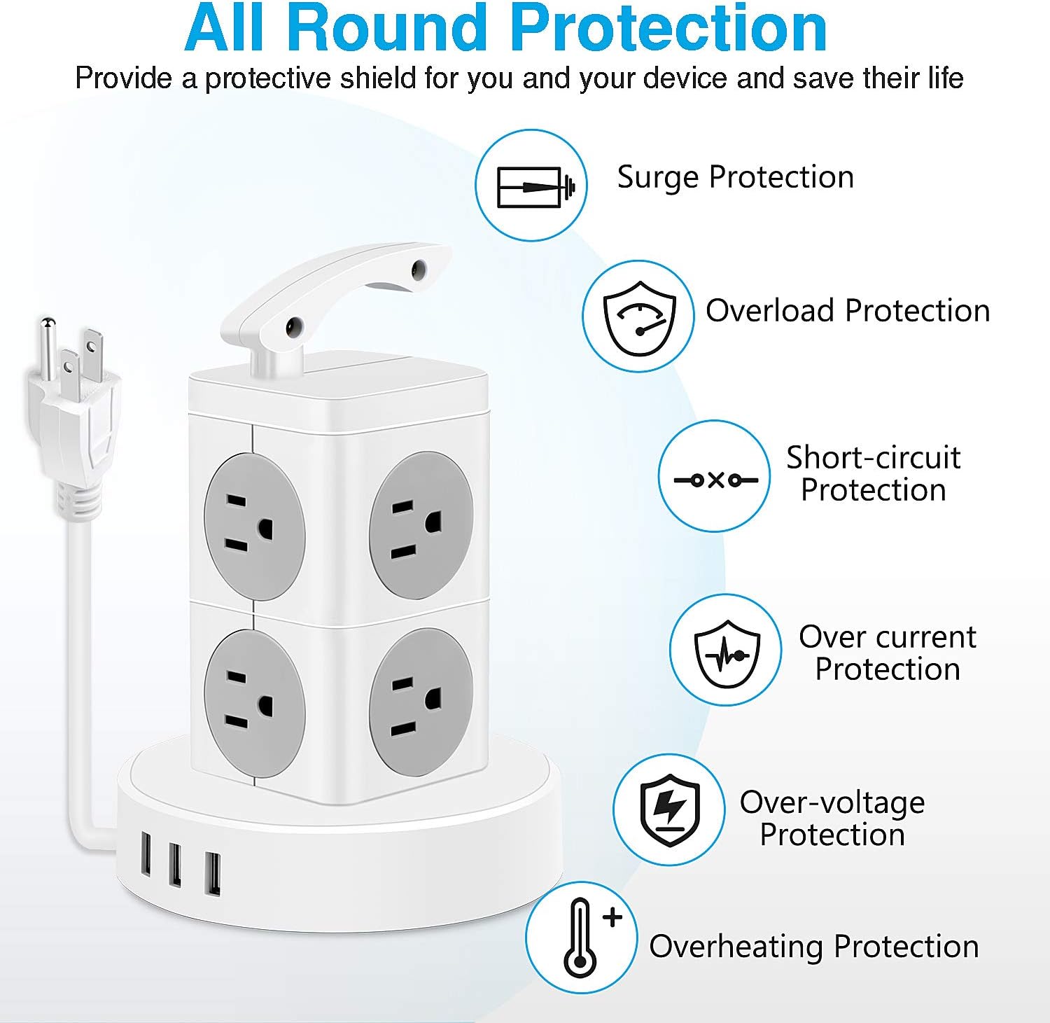 Power Strip Tower, FTEDK Surge Protector Power Tower with ８ AC and 3 USB Long Extension Cord 3.4A USB IQ Charging Station with Overload Protection for Home Office Dorm