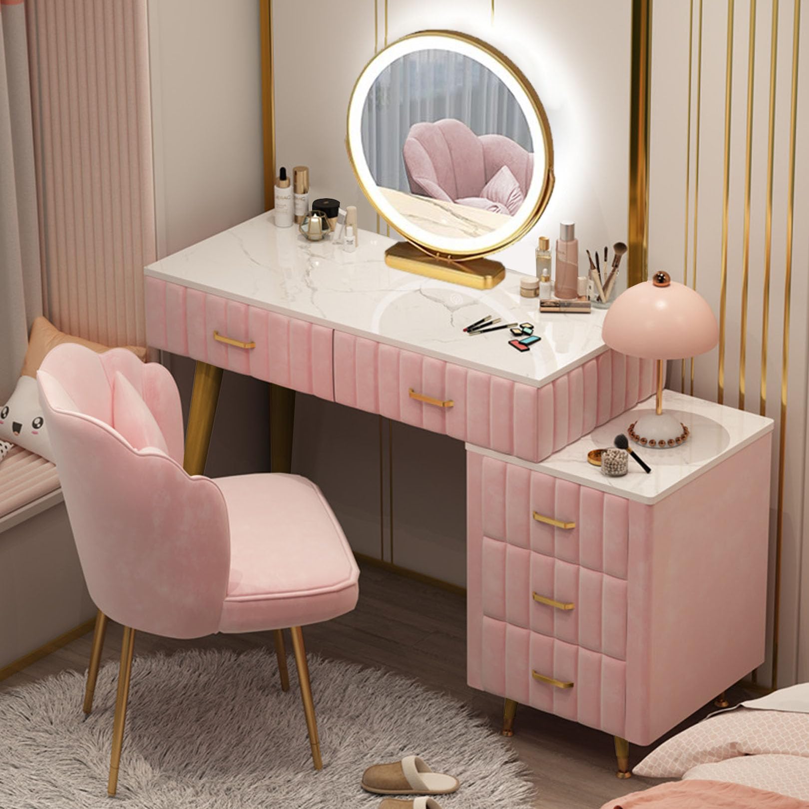asdchZen Vanity Desk With Mirror & Led Lights Makeup Table With Cushioned Stool 3 Color Modes Dressing Table For Women & Girls Elegant Grey-100Cm/39.4In,Pink-80cm/31.5in