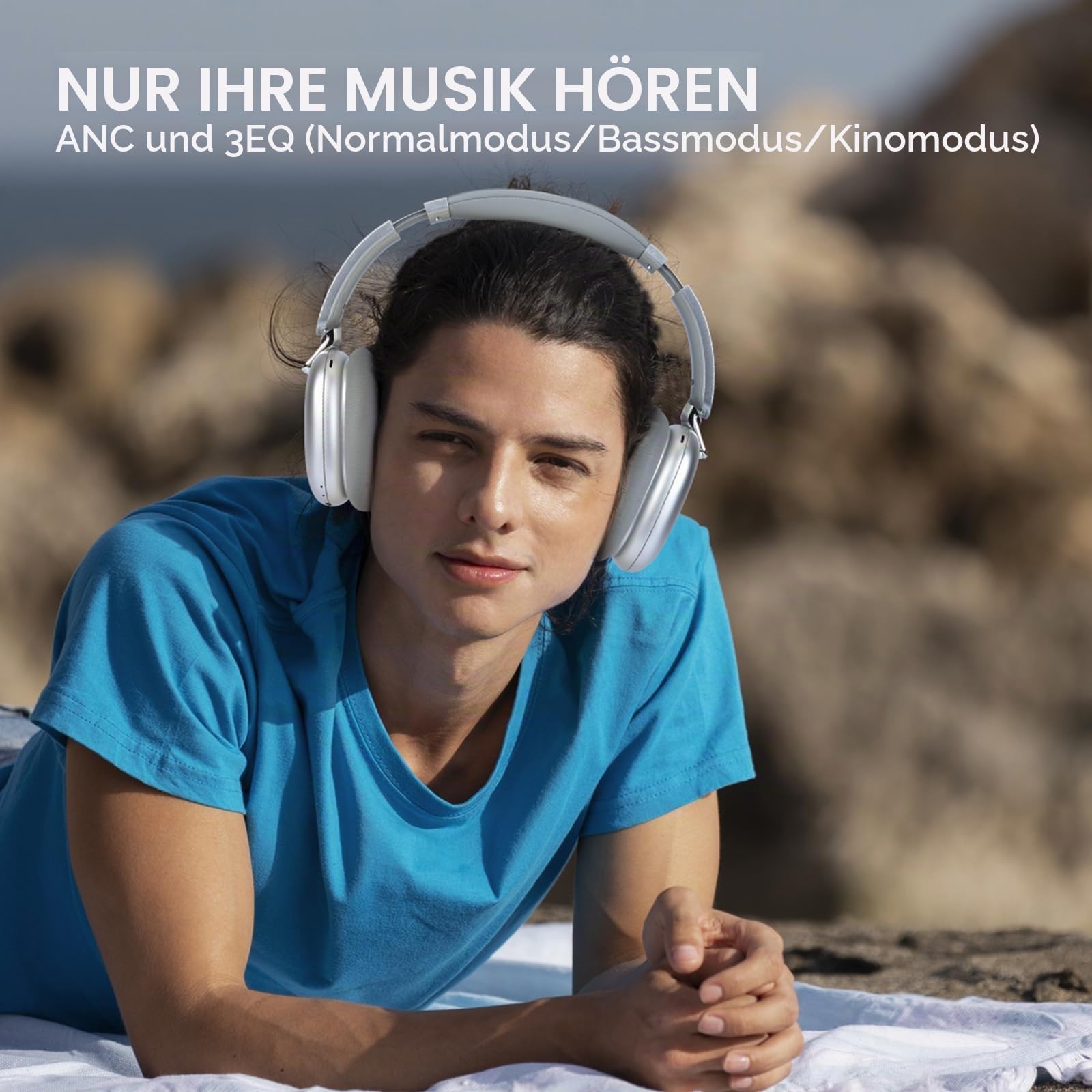 C6 Aktive Noise-Cancelling-Kopfhörer, Drahtlose Over-Ear Bluetooth-Kopfhörer, 60 Stunden Spielzeit, Leichtgewicht Faltbare Deep Bass Komfort-Ohrpolster Headset mit Mikrofon für iPad/PC Silber