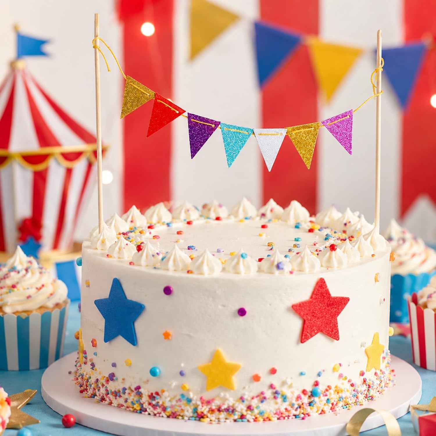 LUOZZY 5pcs Circus Carnival Theme Cake Topper Triangle Flag Banner Shape Decoration Festive Party Props for Circus Carnival Theme Supply