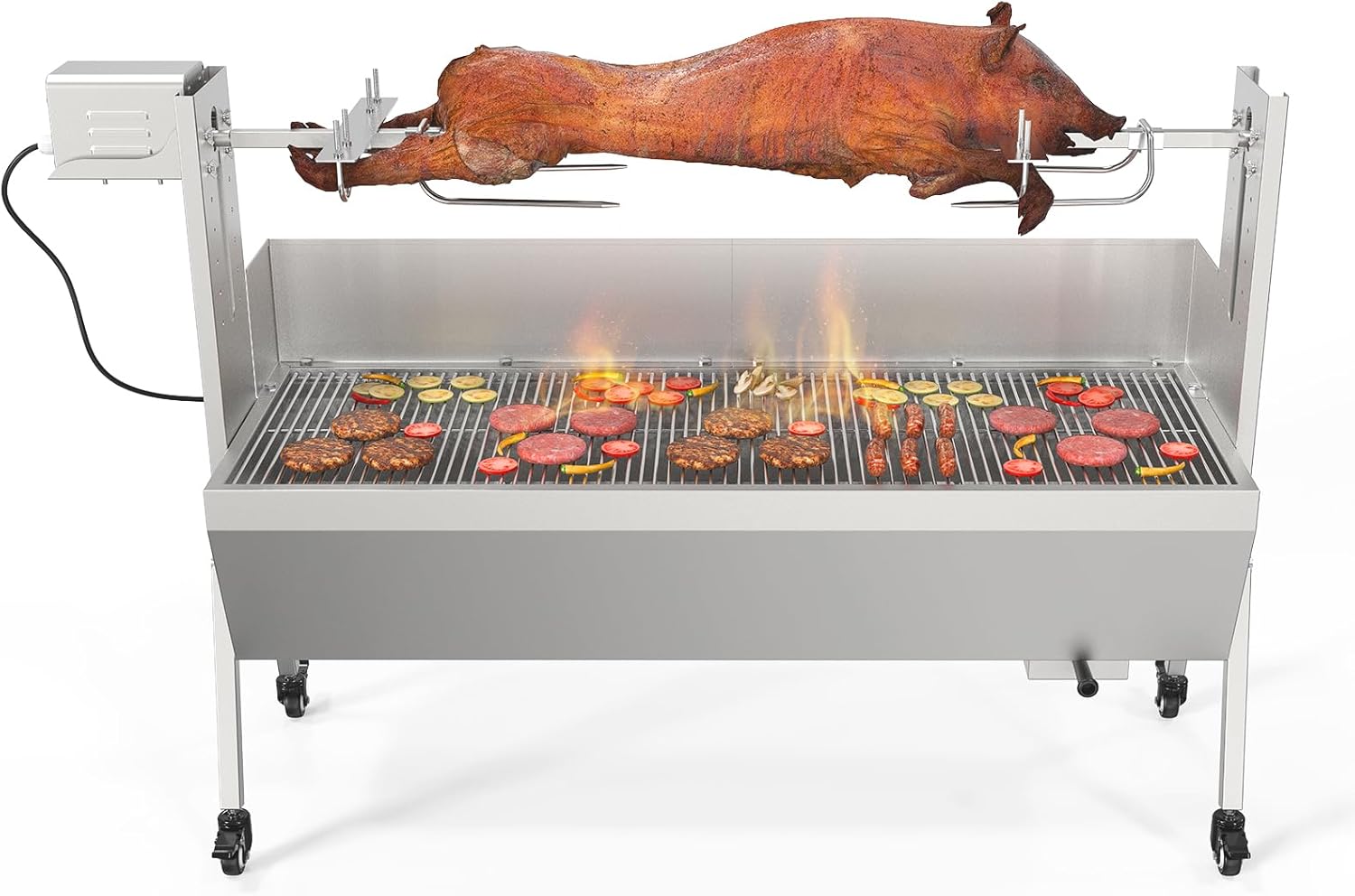 ROVSUN 46" Rotisserie Grill Kit, Pig Lamb Spit Roaster Stand Electric Rotisserie Grill 176 Lbs Capacity w/Wind Baffle Lockable Wheels Adjustable Height, BBQ Spit Rod for Outdoor Party Camping