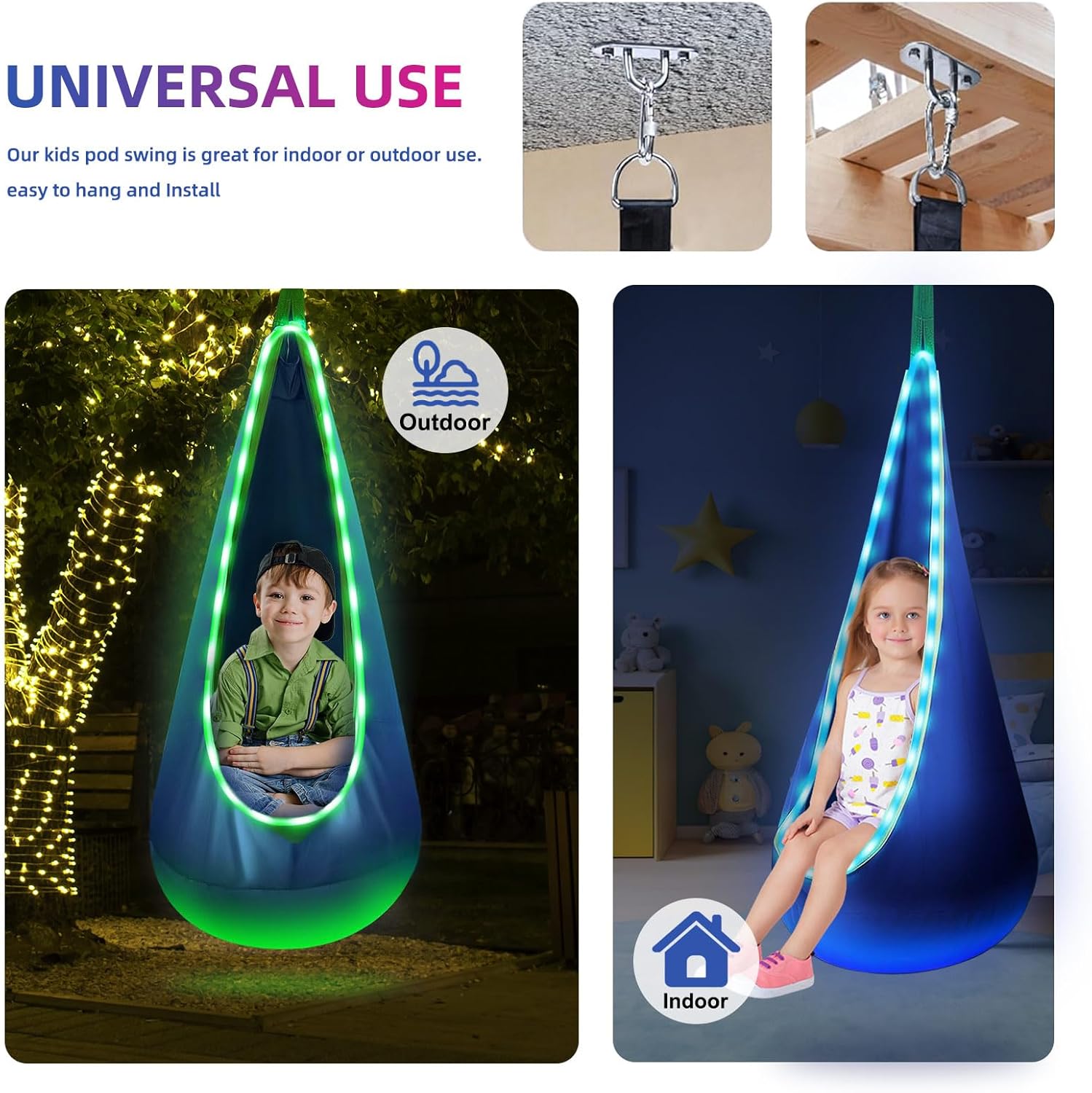 blue hanging pod chair with lights in a playroom