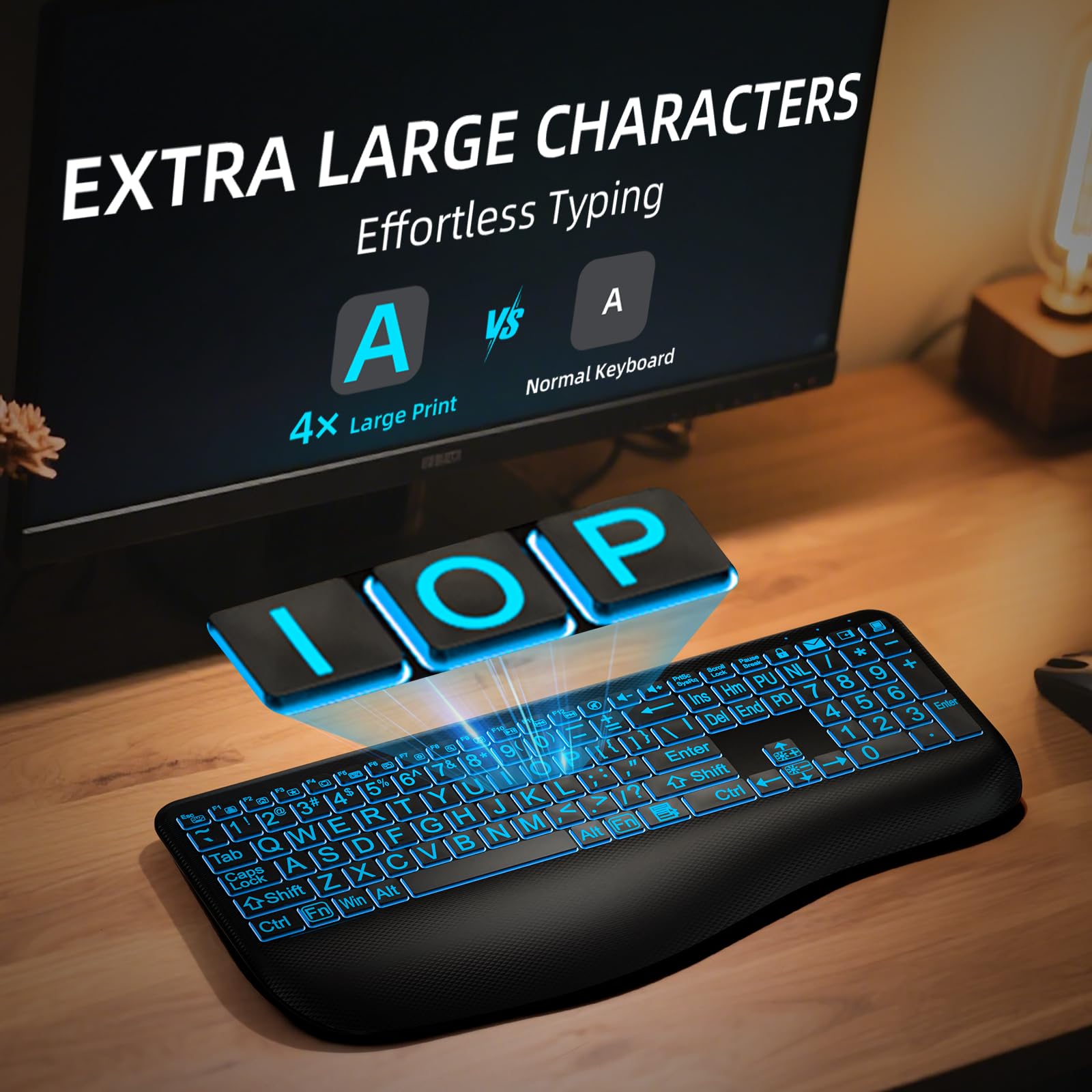 Tastiera wireless retroilluminata con stampa grande, tastiere silenziose con poggiapolsi, illuminazione a 7 colori, tasti silenziosi a basso profilo, tastiera wireless ricaricabile da 2,4 G per