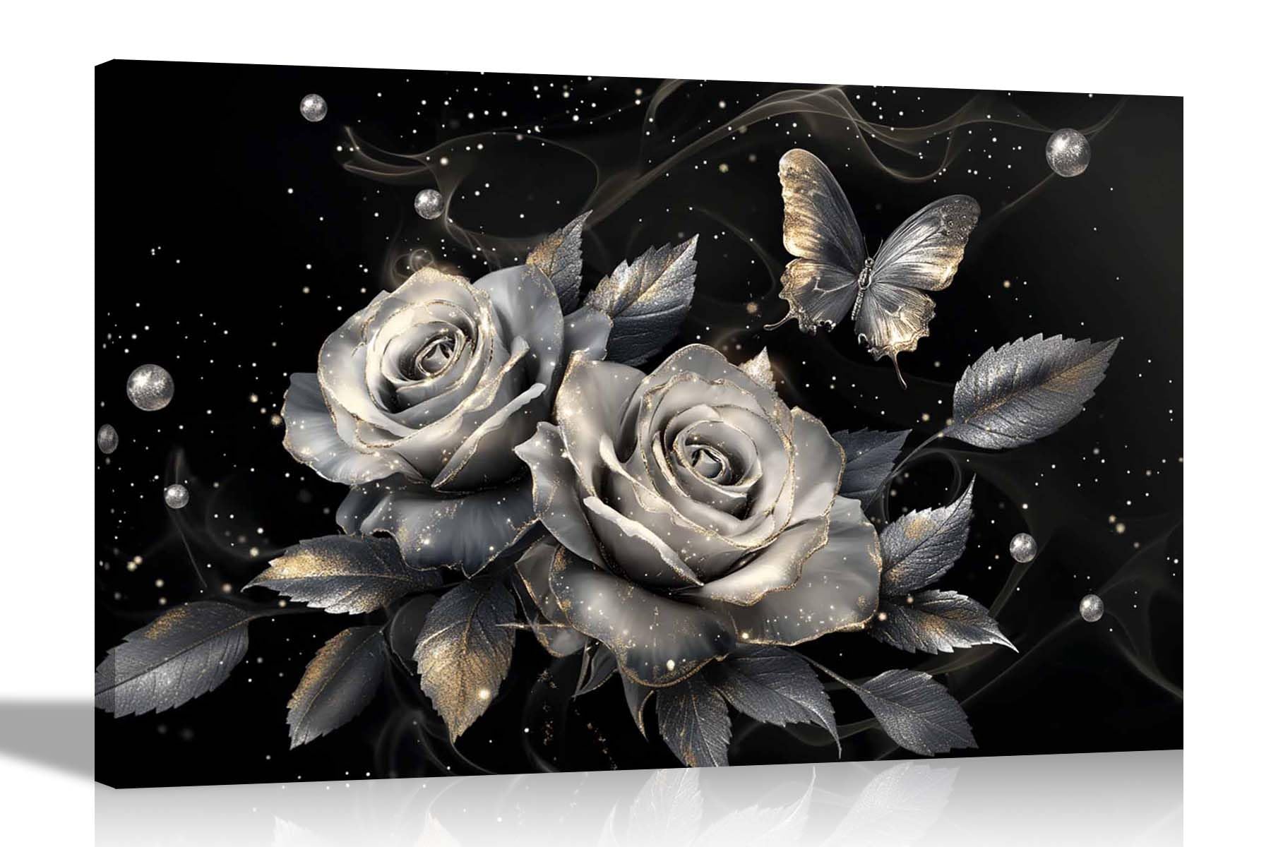 Artley Prints Silver Roses Gold Dust - Floralcanvas Prints For Living Room, Bedroom, Botanical Wall Art Home Office Hanging 76 X 50Cm (30 X 20 Inches)