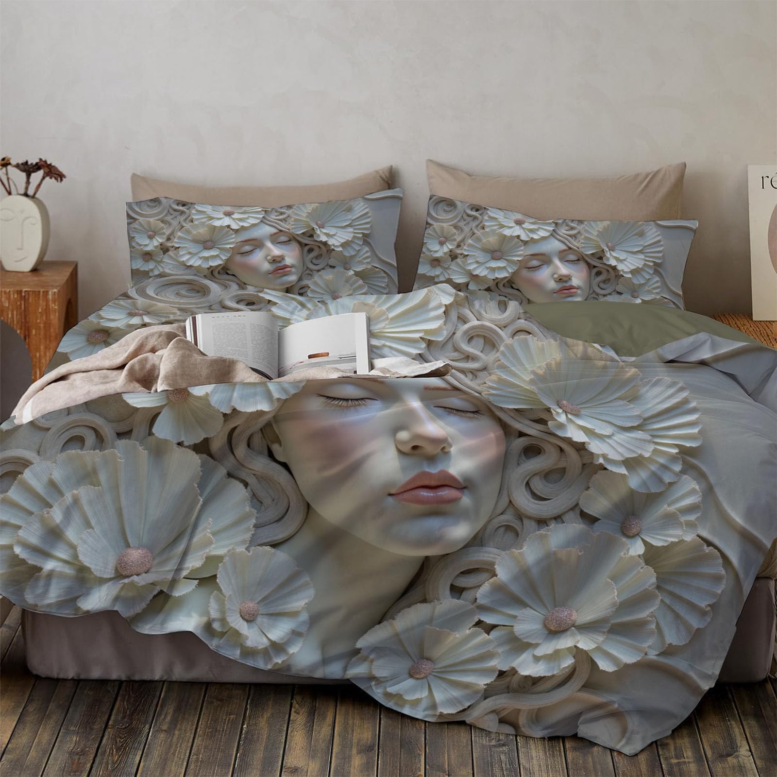 Parure de lit avec fermeture éclair 140x200 housse couette blanche motif portrait femme relief