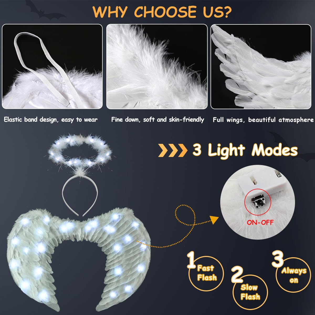 Ptesuply Angel Wings Adult, Light Up Angel Wings and Halo with LED Lights- 3 Light Modes - Image 3