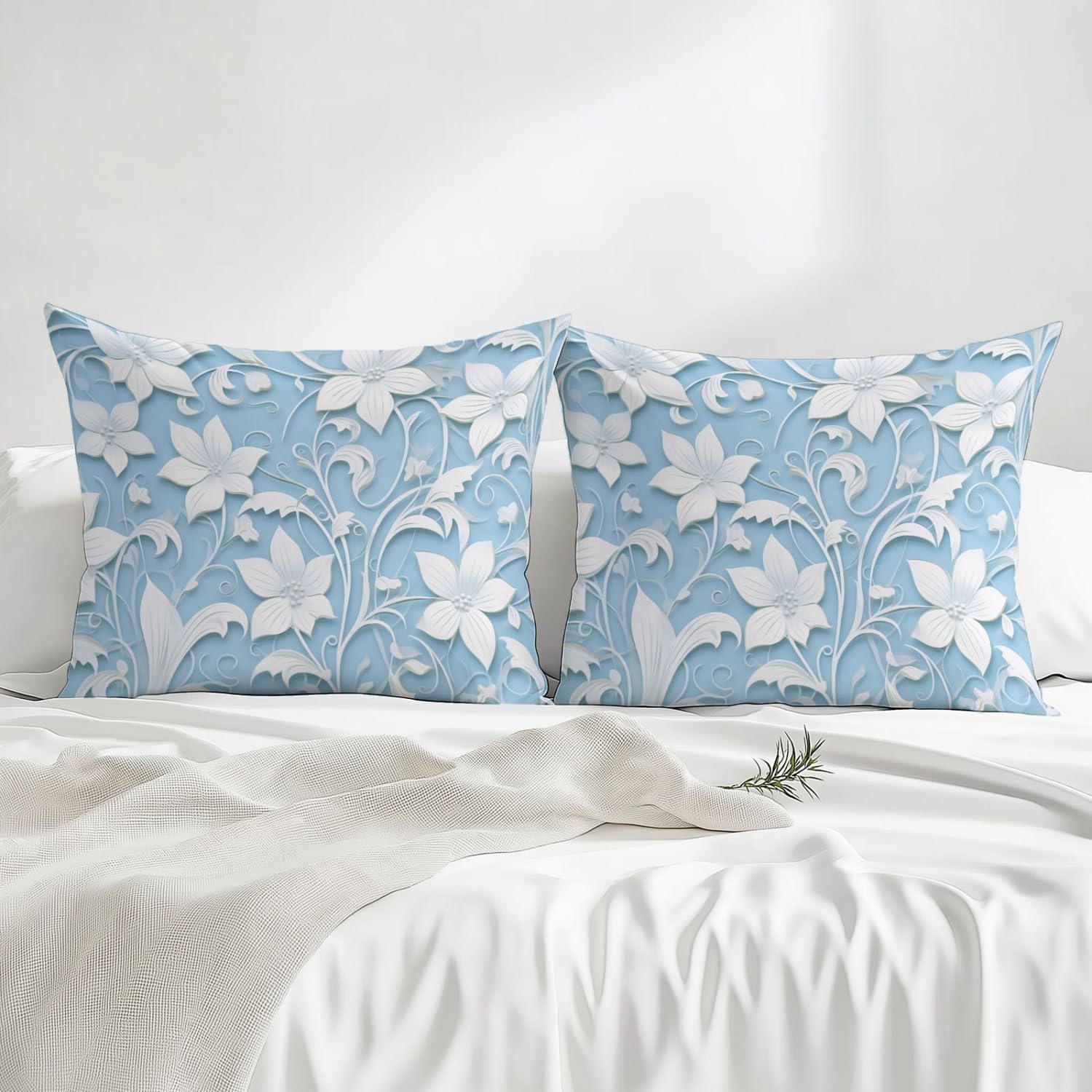 Drap Housse 140 x 190 cm - Minimal Élégant Floral Vignes Thème Drap-Housse en Microfibre avec Coins Élastiqués, Bleu Clair Respirant Draps-Housses pour Matelas de 30 cm Haut
