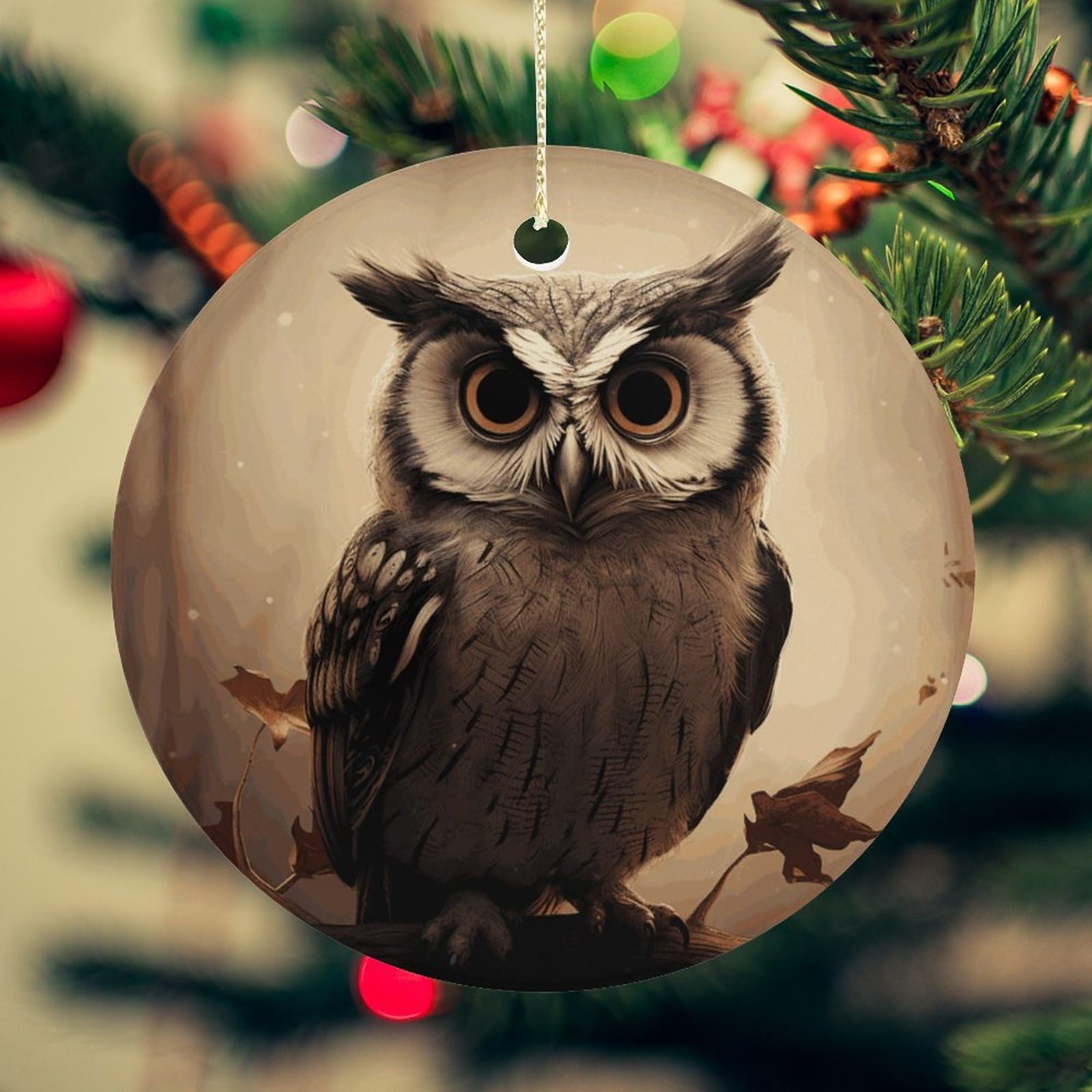 Cute Owl Christmas Ornament for Christmas Tree Ceramic Round Ornament Winter Holiday Keepsake Gift 2.7" Christmas Tree Hanging Decorations Circle Ceramic Pendant Xmas Gift