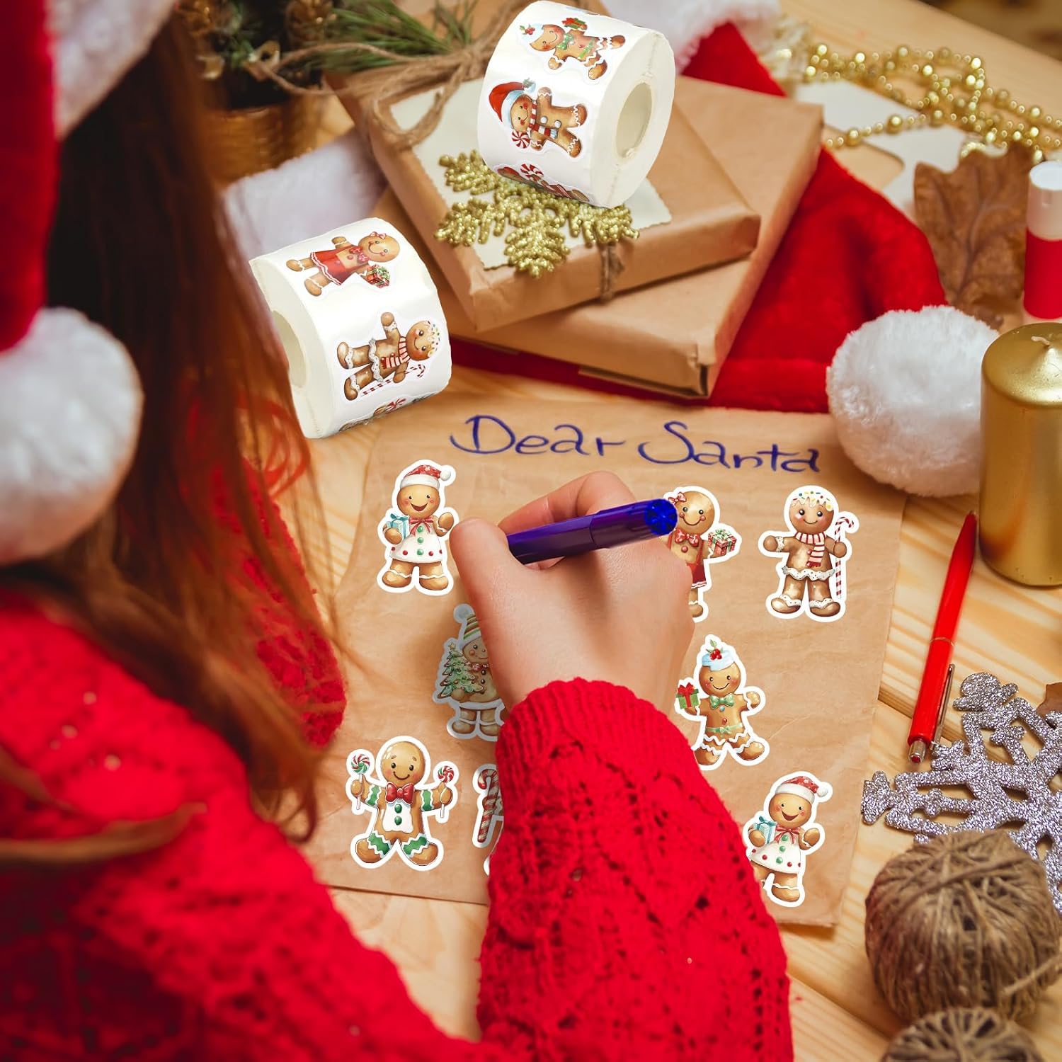 Whaline 1000 Pcs Christmas Stickers Roll Watercolor Gingerbread Man Self-Adhesive Decals for Xmas Winter Holiday Scrapbook Journal Envelope Decor, 12 Designs - Image 6