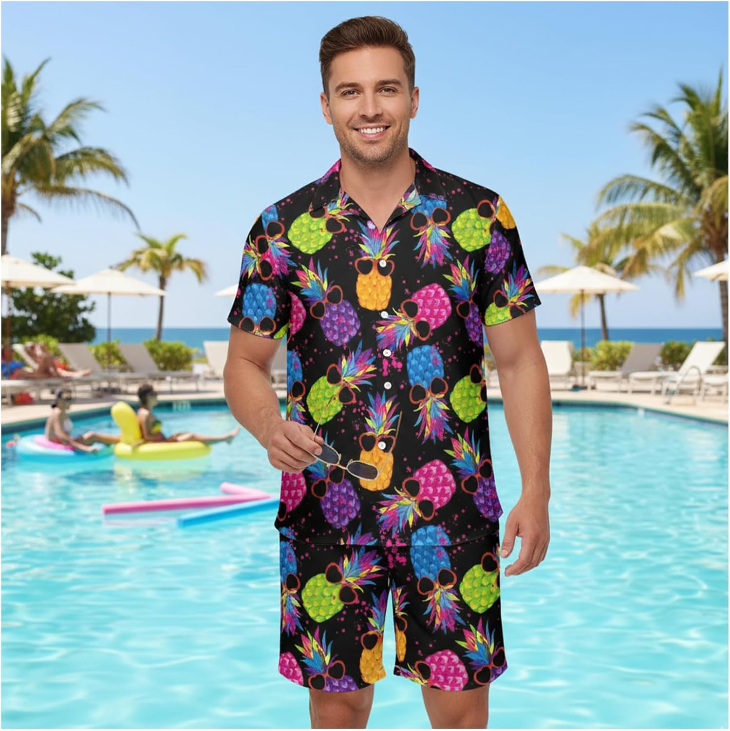 2 Piece Men's Hawaiian Outfits Shirts and Shorts Sets Button Down Funny Tropical Beach Party