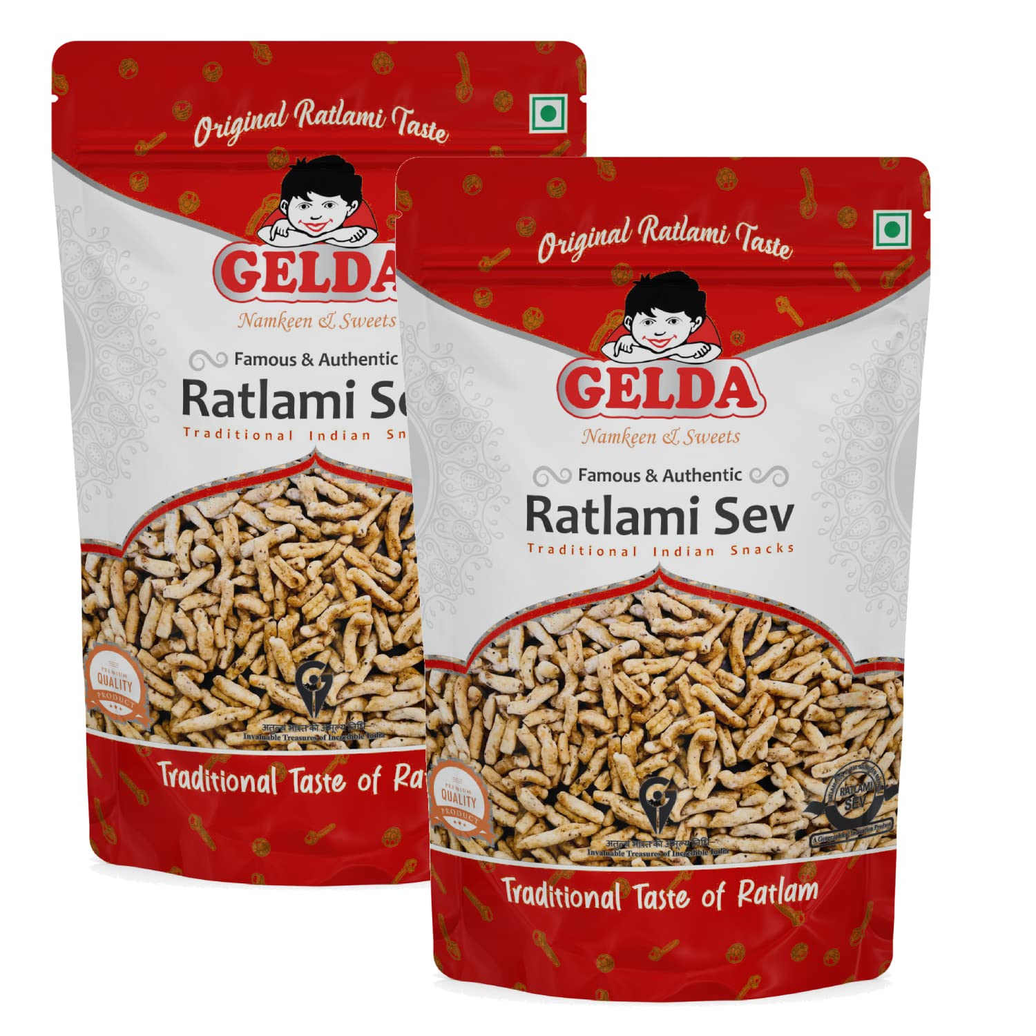 Gelda Namkeen Ratlami Sev | Handmade Traditional Spicy Authentic Ratlami Snacks | (Spicy Laung Sev (Moti), 500g x 2)