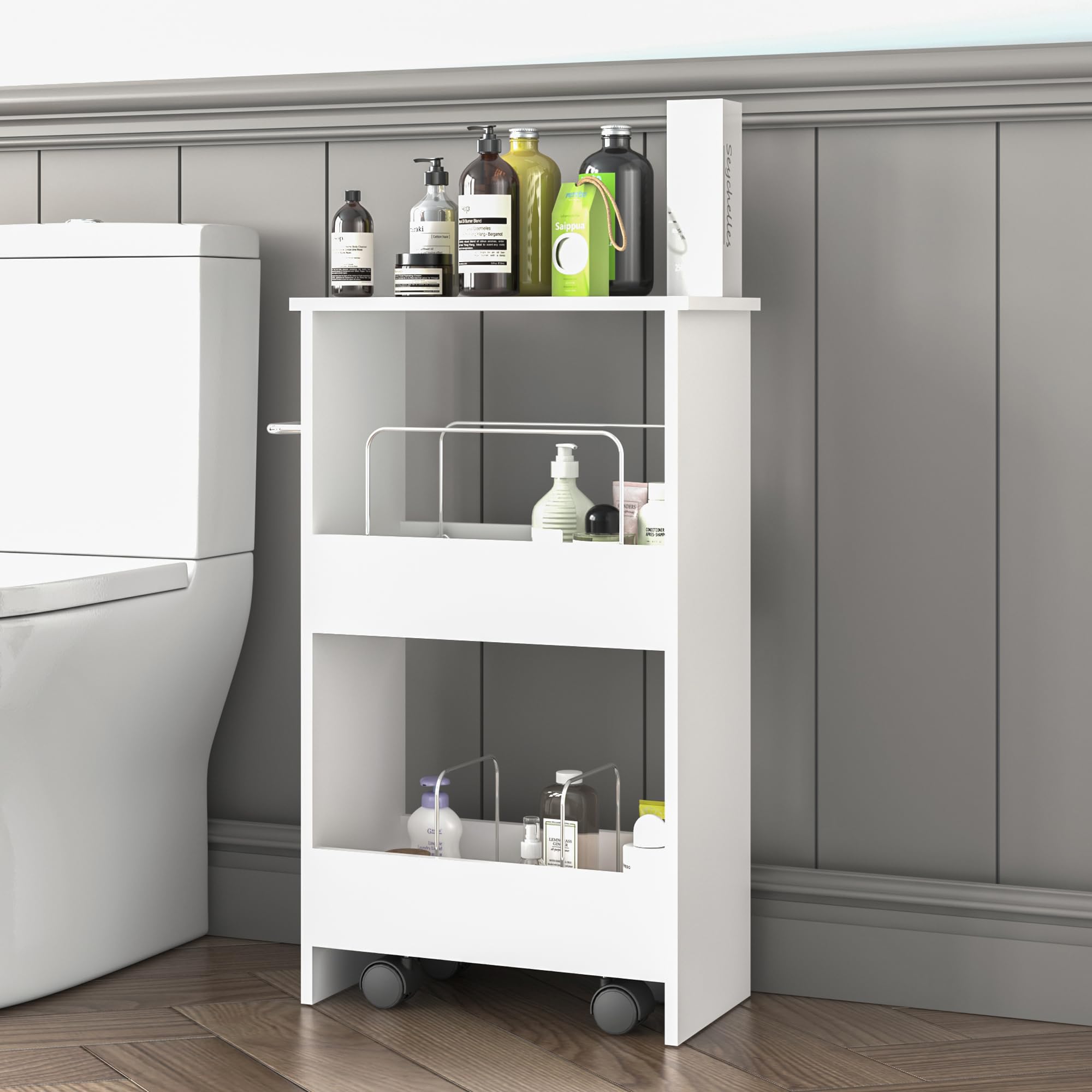[en.casa] Carrito Auxiliar con Ruedas Katra con Barras Separadoras Mueble Baño de 2 Niveles Carro de Almacenamiento Cocina Fruteros de Cocina MDF 67 x 40 x 20 cm - Blanco
