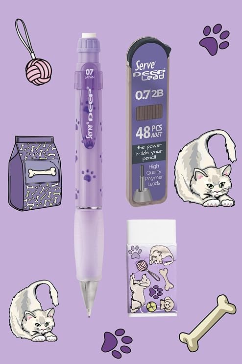 Serve Doğa Desenli Deep Kalem, Deep Silgi ve Deep Min, 0.7 mm, Lavanta