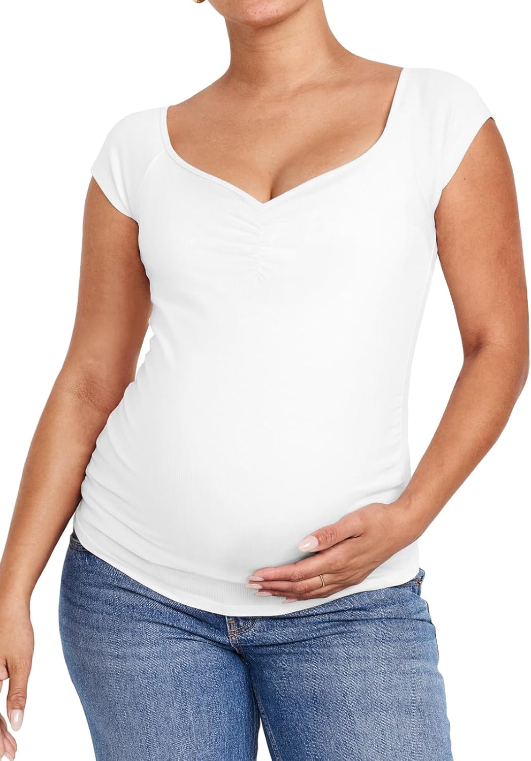 Tankaneo Womens V Neck Maternity Tops Cap Sleeve Fitted Breastfeeding T Shirts Summer Pleated Pregnancy Clothes - Image 3