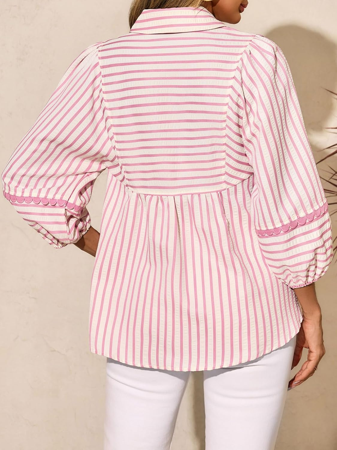 Tankaneo Womens Striped Babydoll Tops Oversized 3/4 Sleeve Peplum Blouse Loose Fit Pleated Cute Shirts - Image 7