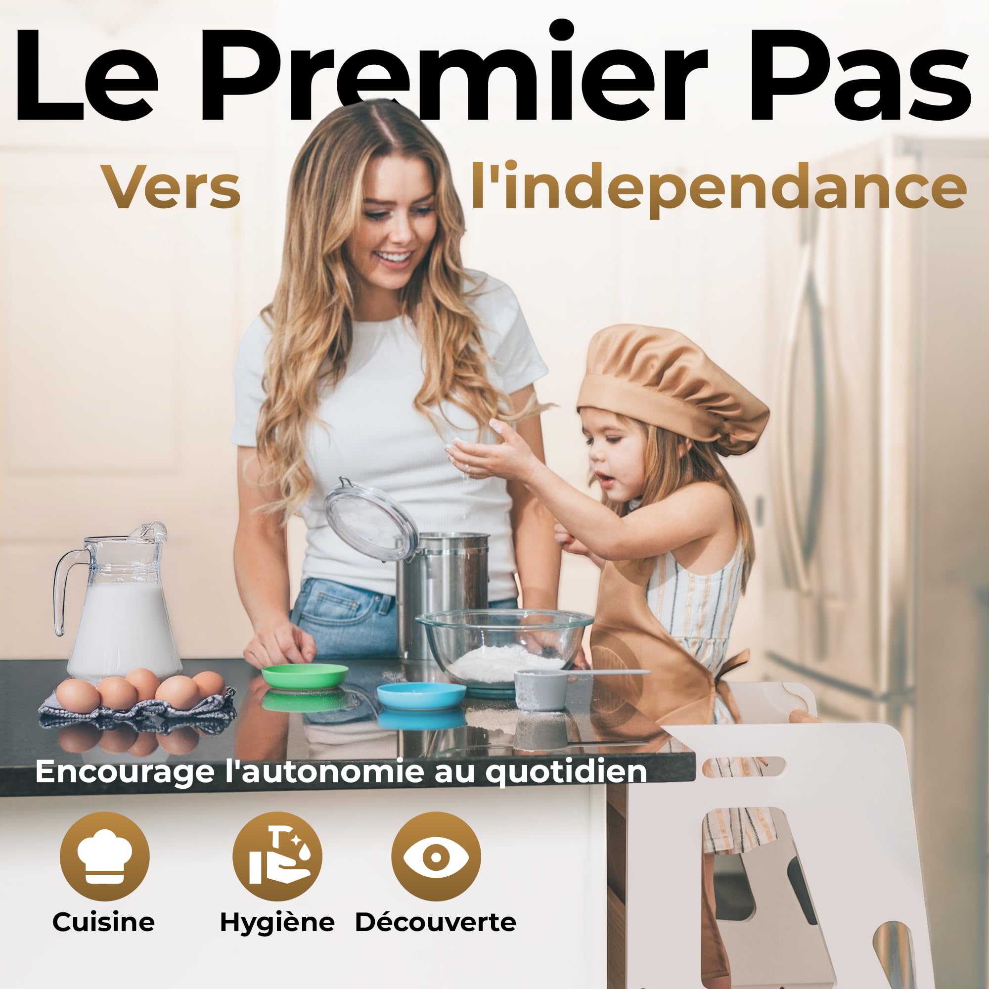 Bey&Co Tour d'Apprentissage Montessori en Bois – 3 Hauteurs Réglables, Surface Anti-Dérapante, Pieds Anti-Bascule – À Partir 12 Mois