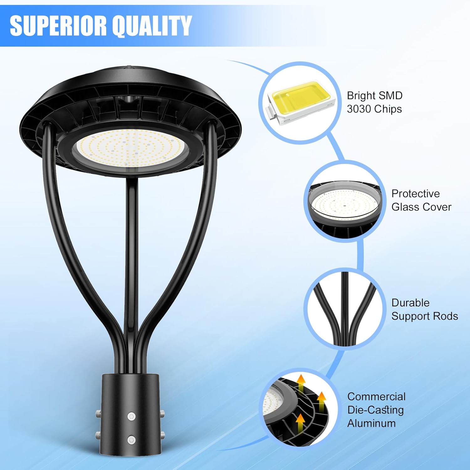 150W LED Post Top Light with Photocell, 150W 120W 90W Adjustable, 21000LM Adjustable CCT 3000/4000/5000K Outdoor Pole Lights, IP65 Waterproof LED Post Light Fixture Area Light ETL DLC Listed