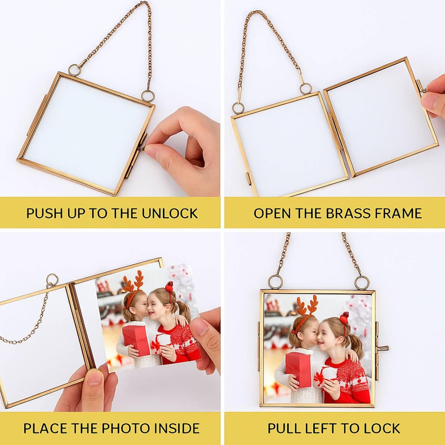 Qunclay 6 Pcs 3.2x3.2” Christmas Brass Picture Frame Ornaments Xmas Metal Double Glass Hanging Photo Frame with Metal Chain for Christmas Tree Decorations(Gold)