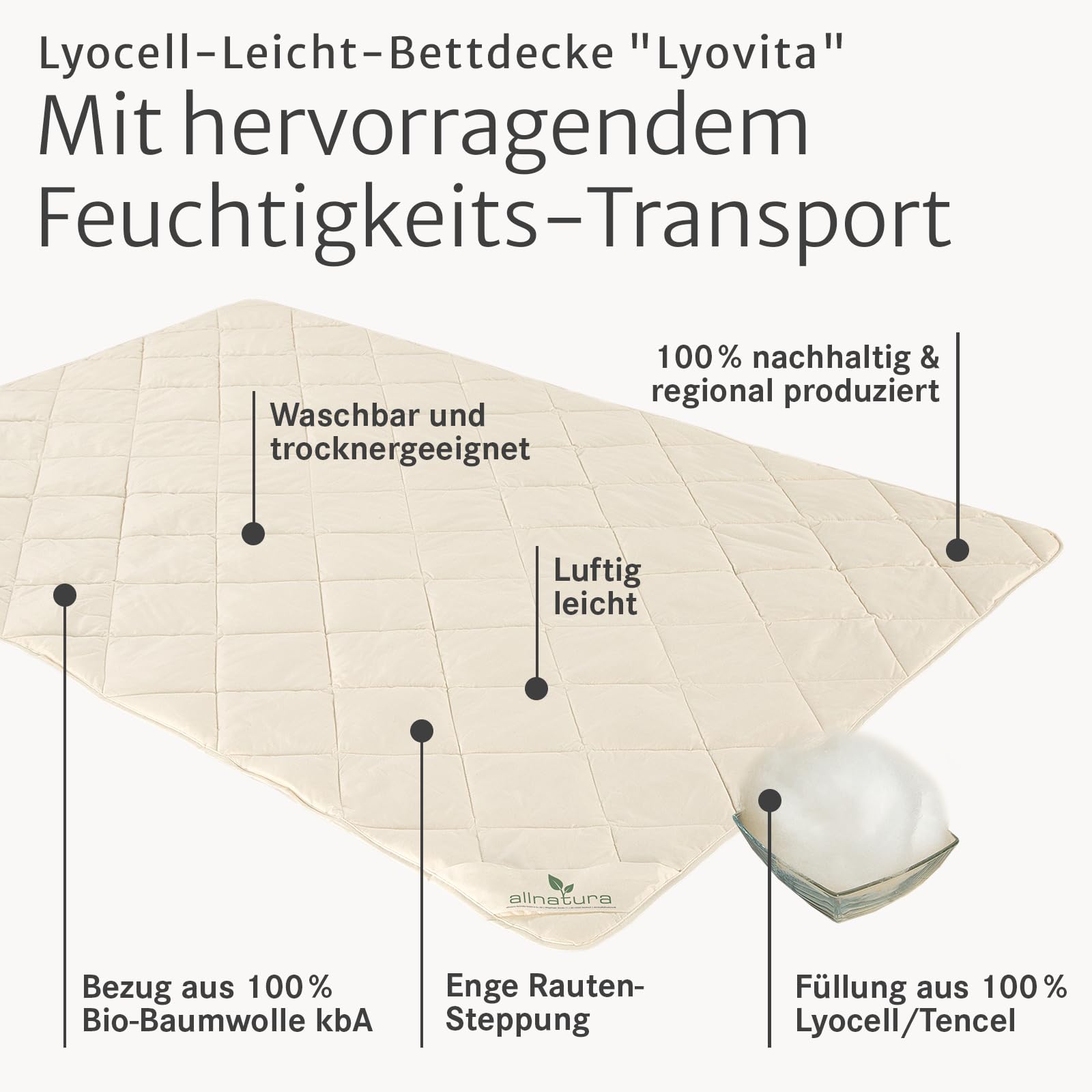 allnatura Lyovita Lyocell ultraleichte Sommerdecke 135x200 cm – atmungsaktive Bettdecke für warme Nächte – Feuchtigkeitsregulierende Steppdecke 100% Lyocell/Tencel – Allergikerfreundlich & waschbar