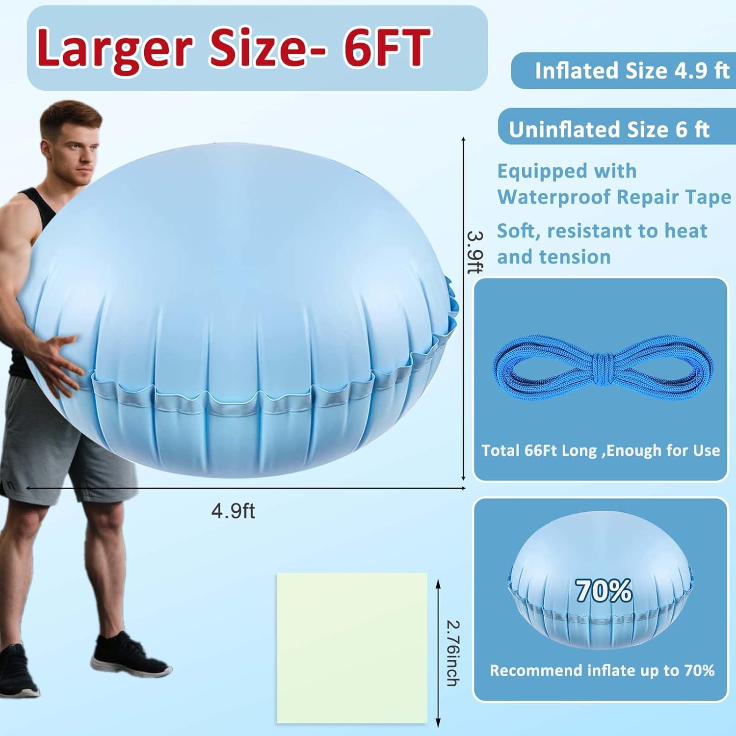 6ft Pool Pillows for Above Ground Pools, Heavy Duty Swimming Pool Air Pillow 0.3mm Thickened Pool Closing Winter Kit Pool Cover Float Balloon with String Repair Tape for Winterizing Ice Equalizer Blue-6ft-1pcs