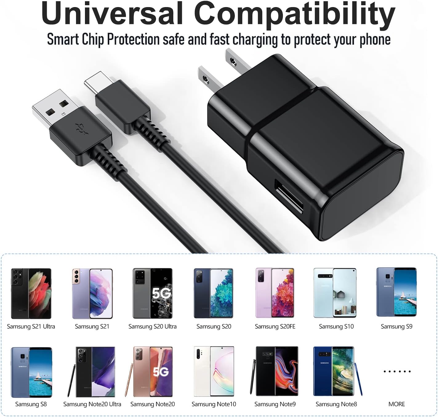 for Samsung Galaxy S10/S9/S8 2Pack Adaptive Android Phone Charger with USB Type C Fast Charging Cable for Galaxy S10E/ S20/S20/S21/Note 8/9/10/20/A70/A50/A51/A52/A42/A32/A13/A12 Ultra Plus 6Ft Black