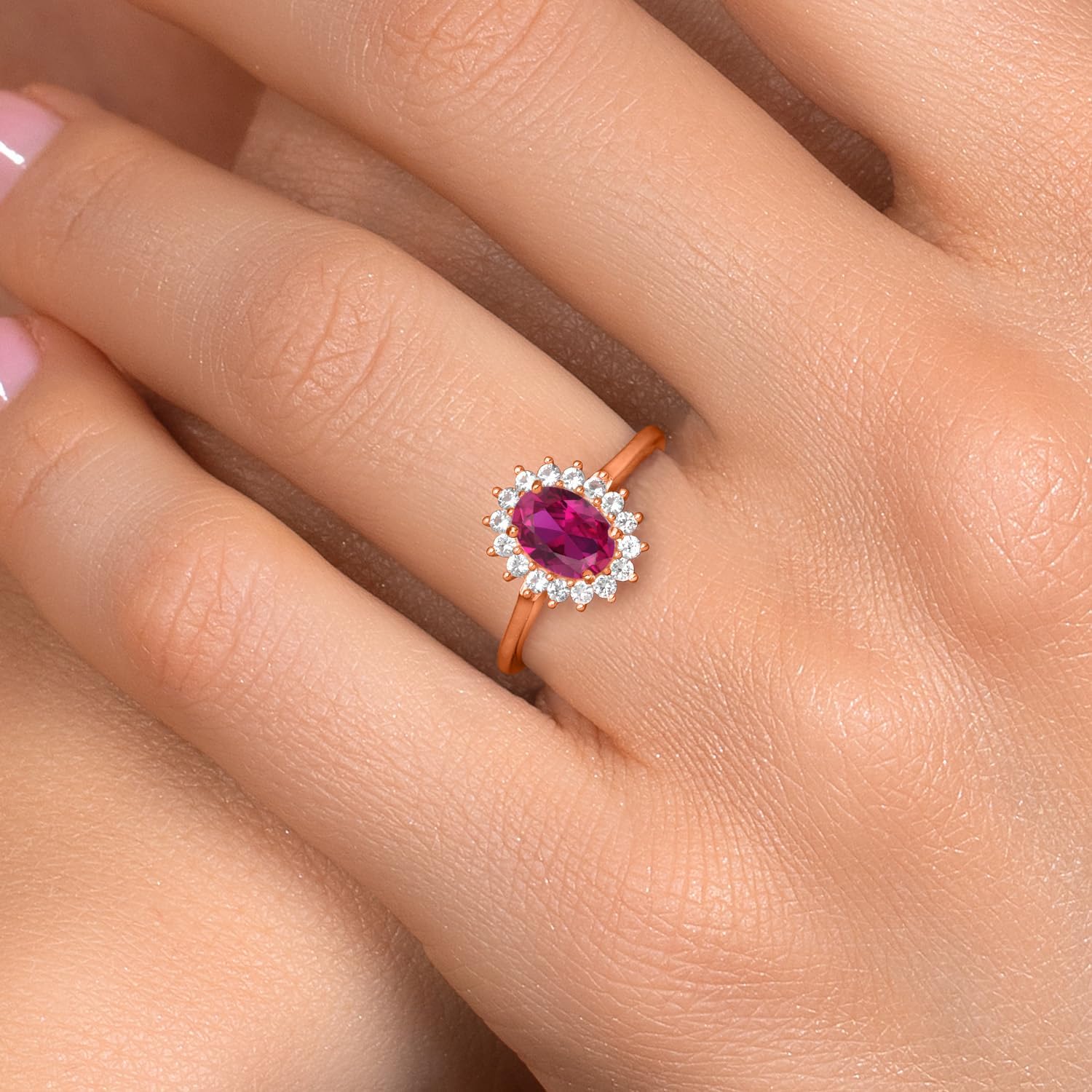 Gem Stone King 10K Rose Gold Oval 7X5MM Gemstone Birthstone and White Created Sapphire Engagement Ring For Women | Wedding Engagement Anniversary Ring For Women | Available in Size 5,6,7,8,9