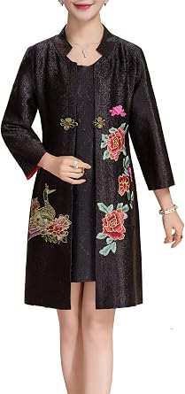 Womens Traditional Embroidery Mandarin Duck Flowers Crinkled One Button Blazer Chinese Jacket