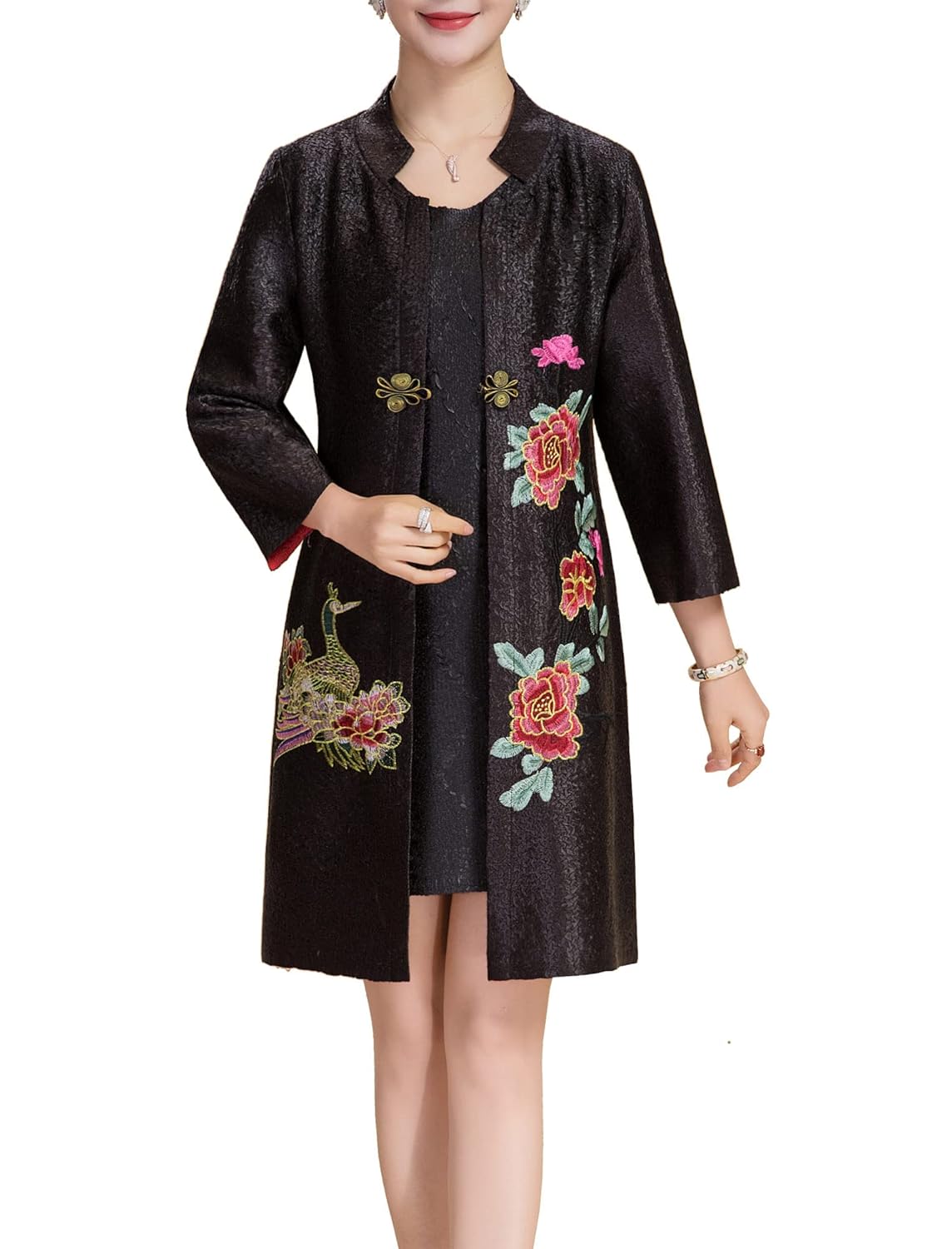 Womens Traditional Embroidery Mandarin Duck Flowers Crinkled One Button Blazer Chinese Jacket