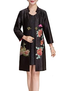 Womens Traditional Embroidery Mandarin Duck Flowers Crinkled One Button Blazer Chinese Jacket
