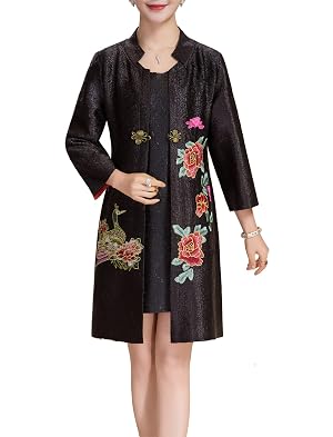 Womens Traditional Embroidery Mandarin Duck Flowers Crinkled One Button Blazer Chinese Jacket