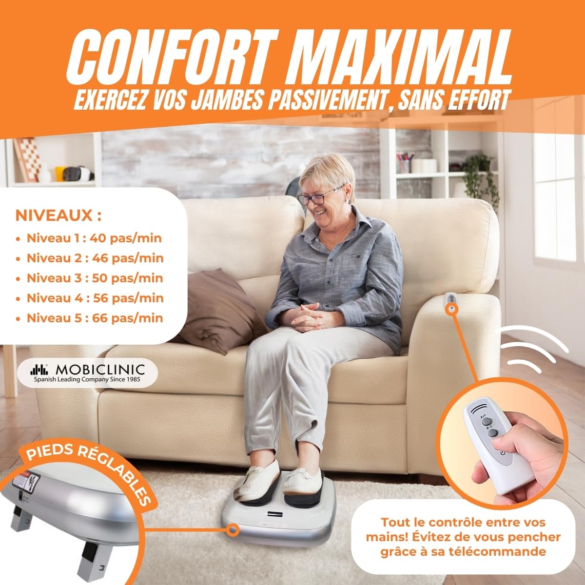 Mobiclinic, Exerciseur de Jambes Électrique, Legfit, 5 Vitesses, Marche Assise, 5 Vitesses, Appareil Circulation Sanguine, avec Télécommande, Vitesse Réglable, Blanc