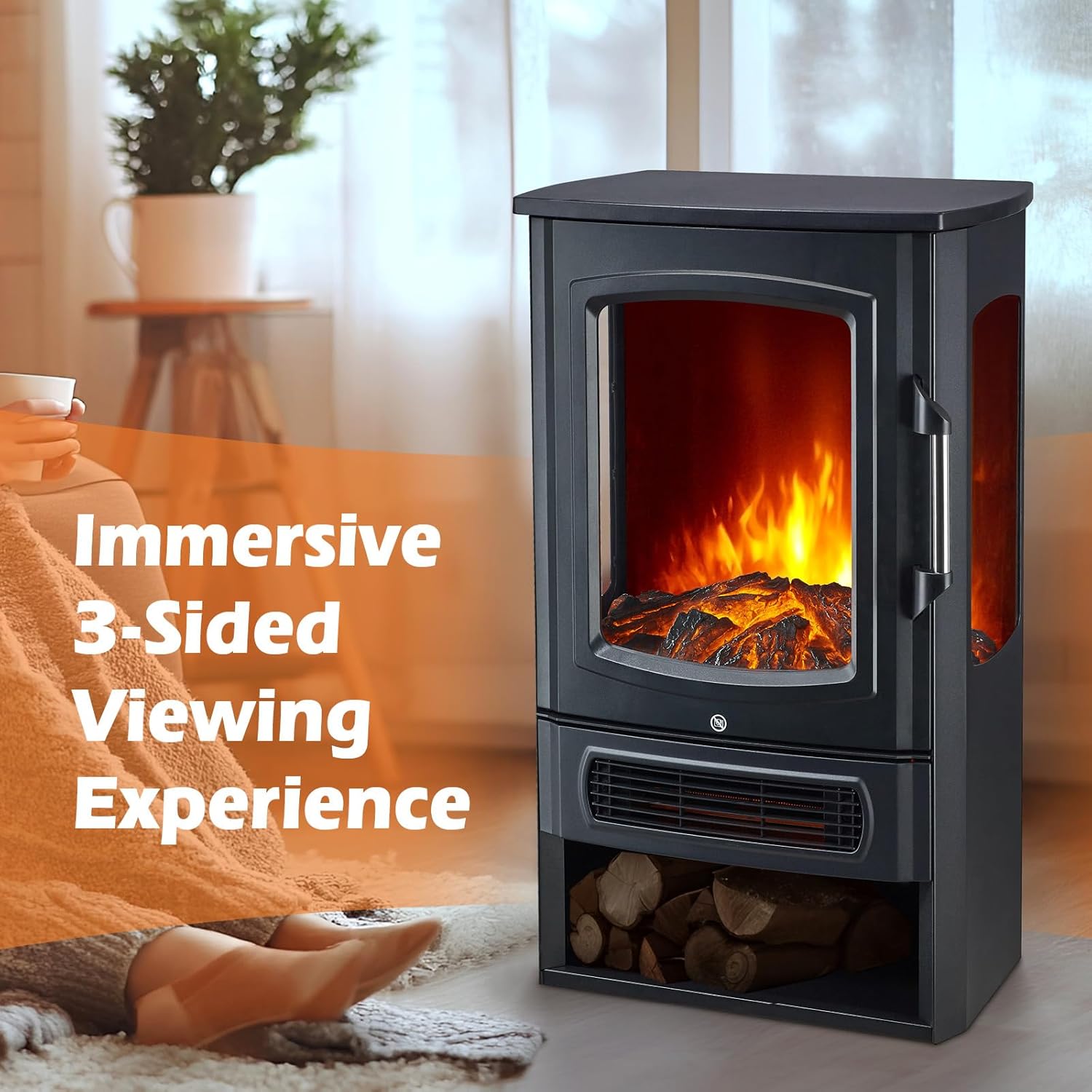 3 Panel Freestanding Electric Fireplace Stove, 1500W Heater with Realistic 3D LED Flame, Independent Flame & Heat, Adjustable Thermostat, Overheat Protection, Black Cast Iron Finish
