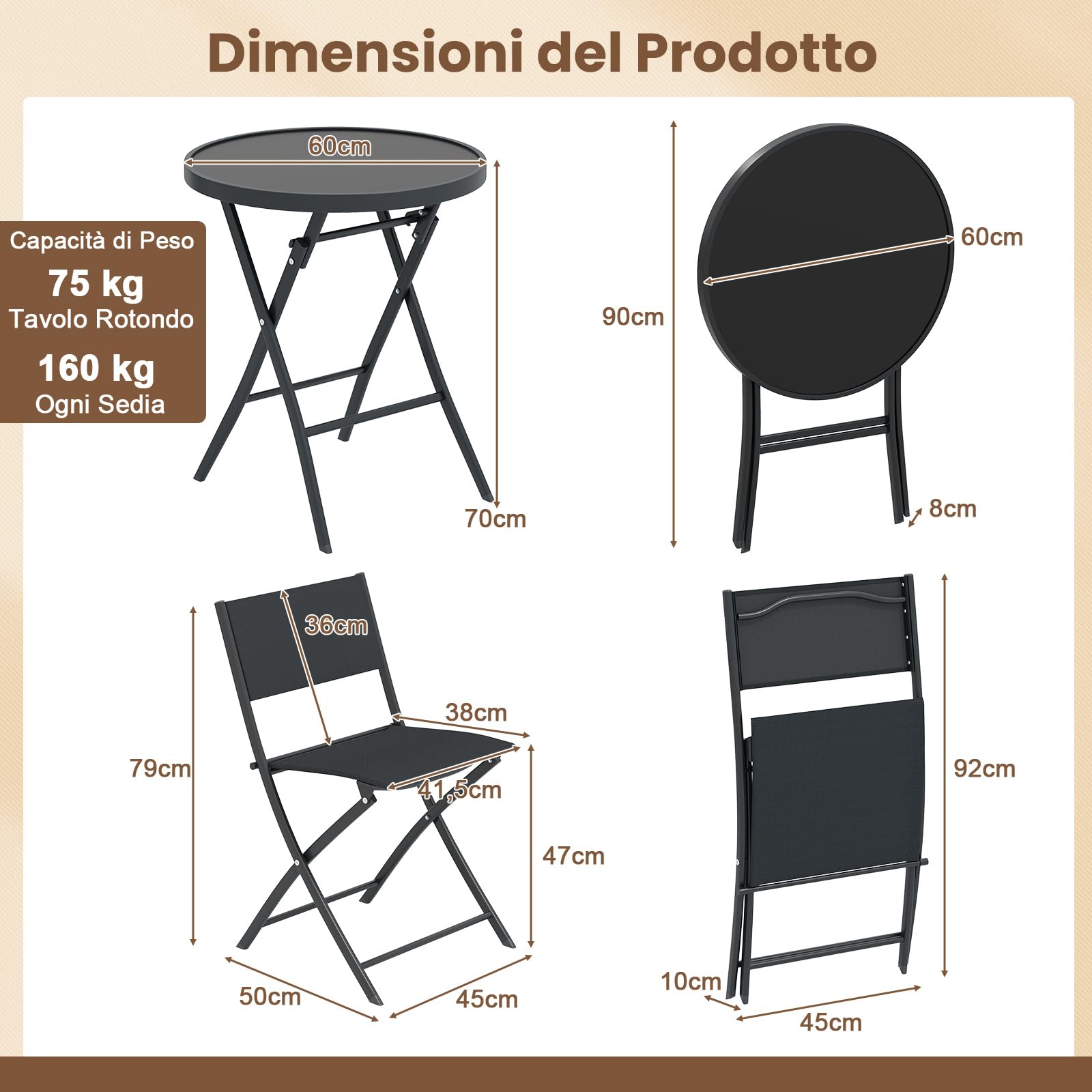 COSTWAY Set Tavolino e Sedie da Giardino Pieghevole, Set Bistro 3 Pezzi, Tavolino con Piano in Vetro Temperato e Metallo, Sedie con Tessuto Textilene Impermeabile, per Balcone, Patio, Piscina